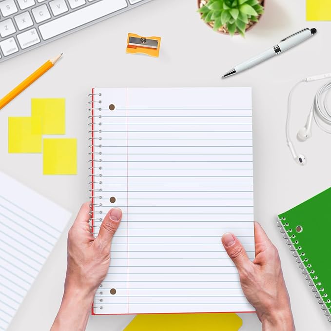 3 Subject Notebook Wide Ruled, 6 Pack, Long Lasting, Extra Pages - 300 Pages (150 Sheets), No-Bleed Thick Paper, 3 Hole Punched, 8x10-1/2, 3 Subject Spiral Notebook for School, Home & Office