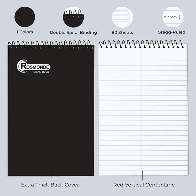 48 Pack Bulk Spiral Steno Pads, 6"x 9", Steno Notebook Gregg Rule, Black Covers, 80 Sheets (160 Pages), Top Spiral Notebook, Bulk Steno Notebooks for Notes in School, College, Office Notepad