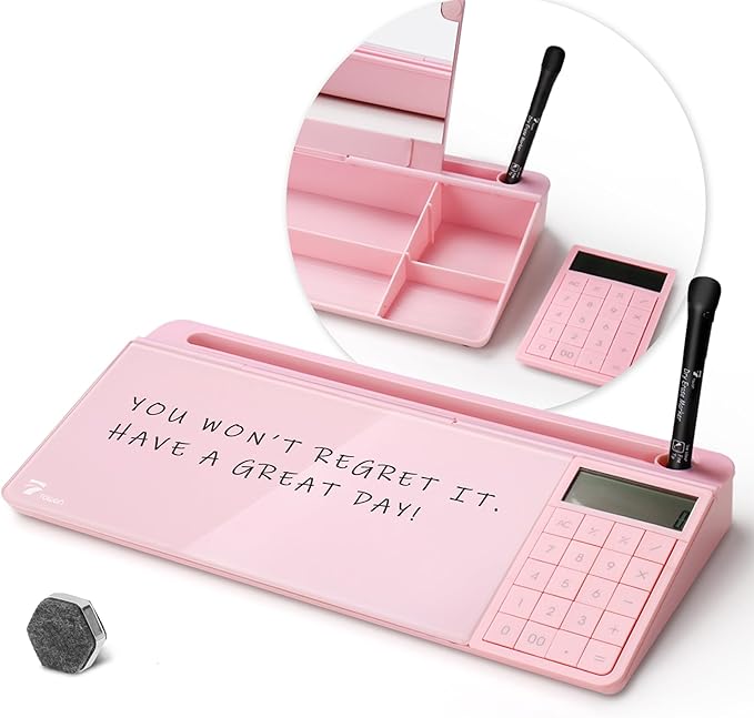 TOWON Desk Dry Erase Board with Detachable Calculator, Small Glass Desktop Whiteboard, Desktop whiteboard - Glass Dry Erase White Board- Desk Computer Buddy for Home Office Supply, Pink, 17 x 6 in