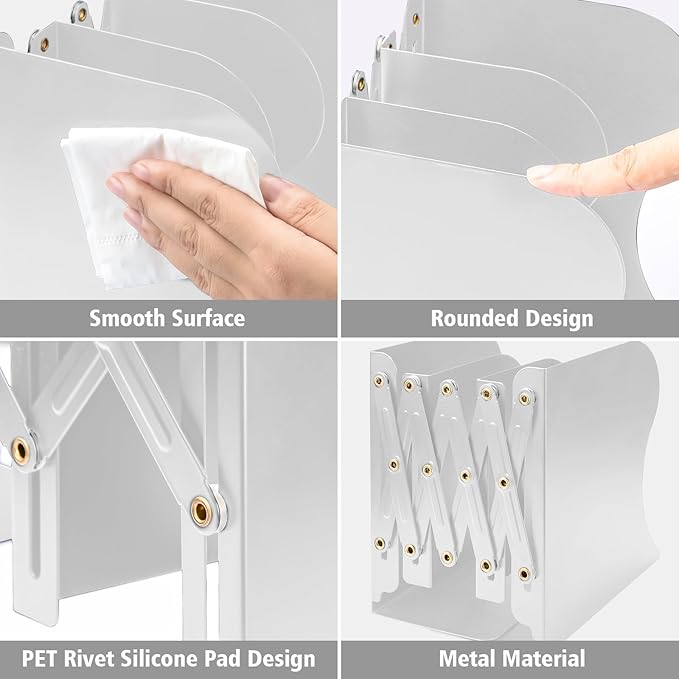 2PCS Adjustable Bookends, Metal Book Ends for Heavy Book, 2 Dividers, Nonslip Book Stander for Desk, Shelf, Office, Stationery Gift, Extends up to 19 inches (White)