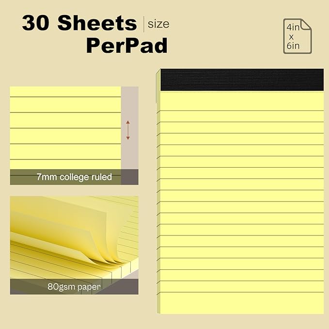 6 Pack Note Pads 4 x 6 Inch Small Notepad College Ruled Writing Pads, Yellow Lined Mini Note Pad for Work or School, 30 Sheets/Pad, Perforated Recycled Note Paper for Note-Taking, Grocery List