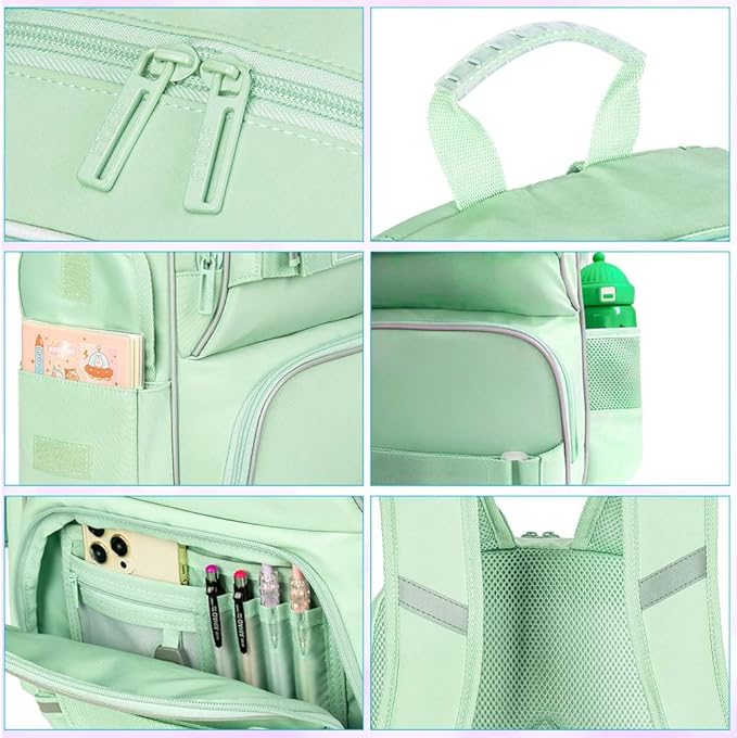 3PCS Laptop Bookbag for Girls, 17" Water Resistant School Backpack with Lunch Box, Cute Green School Bag Set for Women College Teenagers High Middle Elementary School