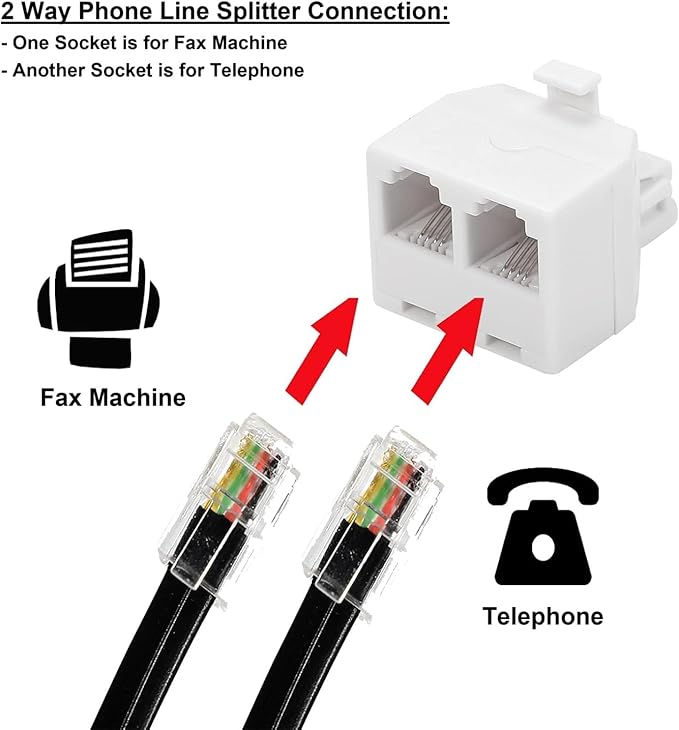 2 Way Telephone Splitter Wall Jack Adapter, 4 Pack, White, 1 Male to 2 Converter Cable RJ11 6P4C Telephone Adapter and Separator for Landline onto Wall Jack, Applied for Phone, Fax, Modem