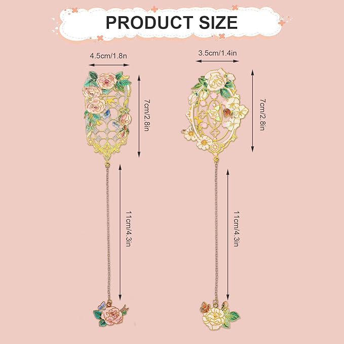 2 Pcs Metal Rose Bookmarks, Beautiful Book Marks for Reading Women Vintage Bookmarks with Metal Chain Pretty Bookmark Gift for Book Lovers Readers Birthday Christmas Gifts(Pink, White Roses)