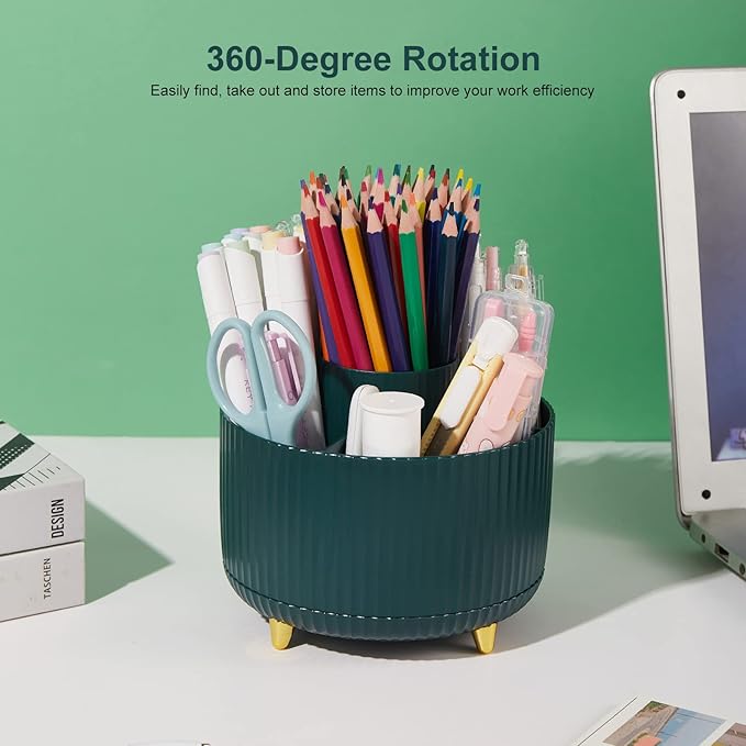 360 Degree Rotatable Pen Holder, 5 Slots Office Desk Organizer, Pencil Holder for Desk Multi-Functional Pencil Cup Desktop Stationary Organizer Storage for Office School Home Dark Green