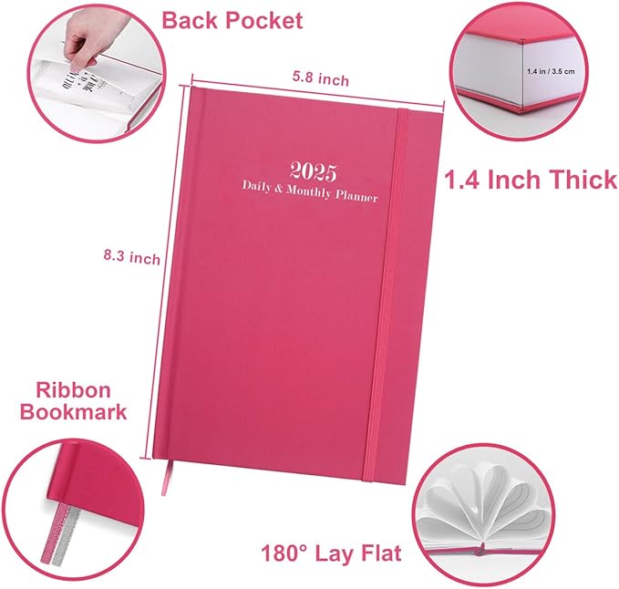 2025 Daily & Monthly Planner - 2025 Daily Planner One Page Per Day from January 2025 to December 2025, Hourly Appointment Book Perfect Organizer Daily Life, Fabric Cover, 5.8'' x 8.3'', Pink
