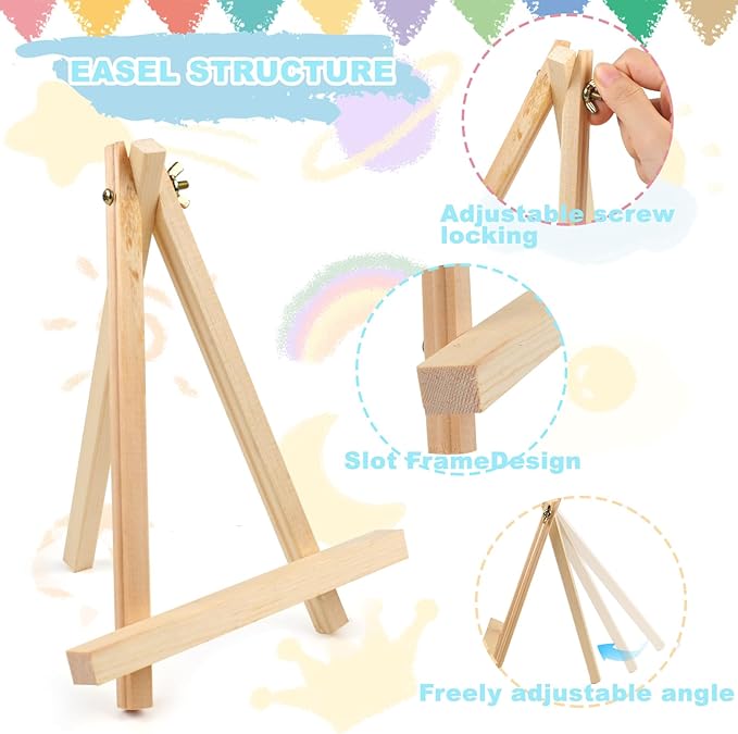 4PCS 9 Inch Wood Easels, Tripod, Painting Party Easel, Kids Student Tabletop Easels for Painting, Easel Stand for Painting Canvases, Portable Canvas Photo Picture Sign Holder.