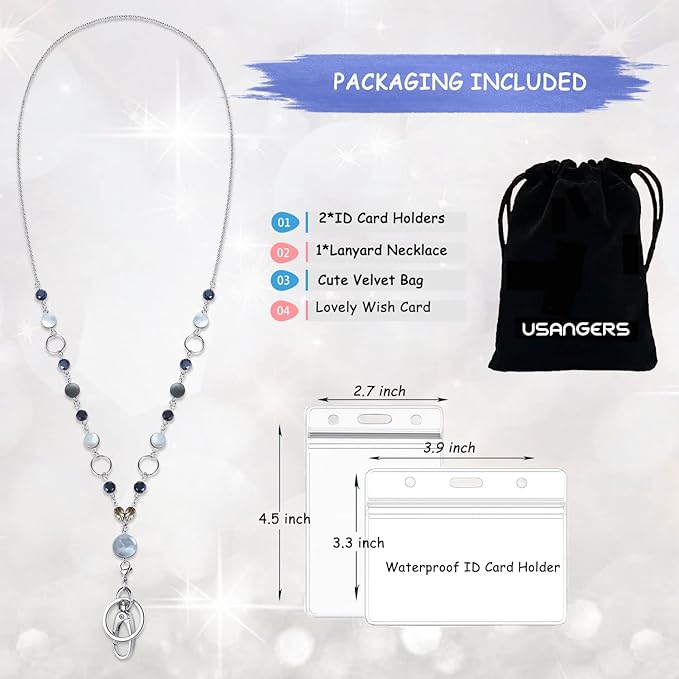 Lanyards for Keys ID Badges Women Beaded Lanyard Teacher Lanyard Necklace ID Card Key Holder Long Keychain Lanyard ID Holder Cute Bling Stainless Steel Chain Female Office Nurse Work Jewelry