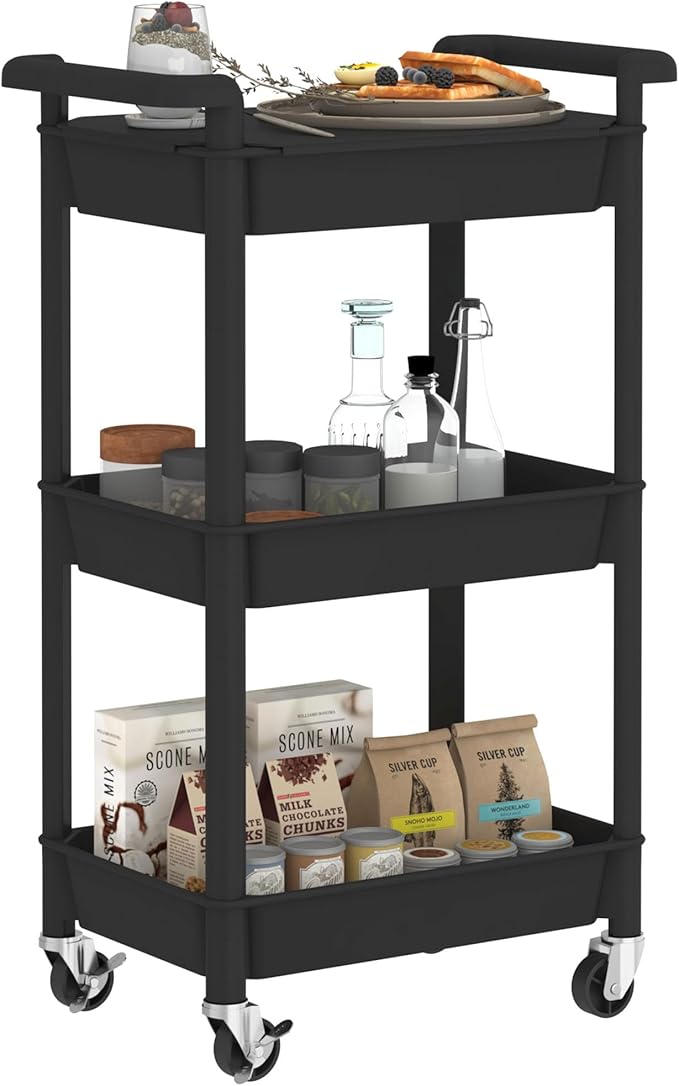 3-Tier Utility Rolling Cart with Cover Top Board, Mobile Utility Cart with Lockable Casters Multi-Functional Storage Trolley for Office, Bathroom, Kitchen, Garden, Laundry Room (Black)