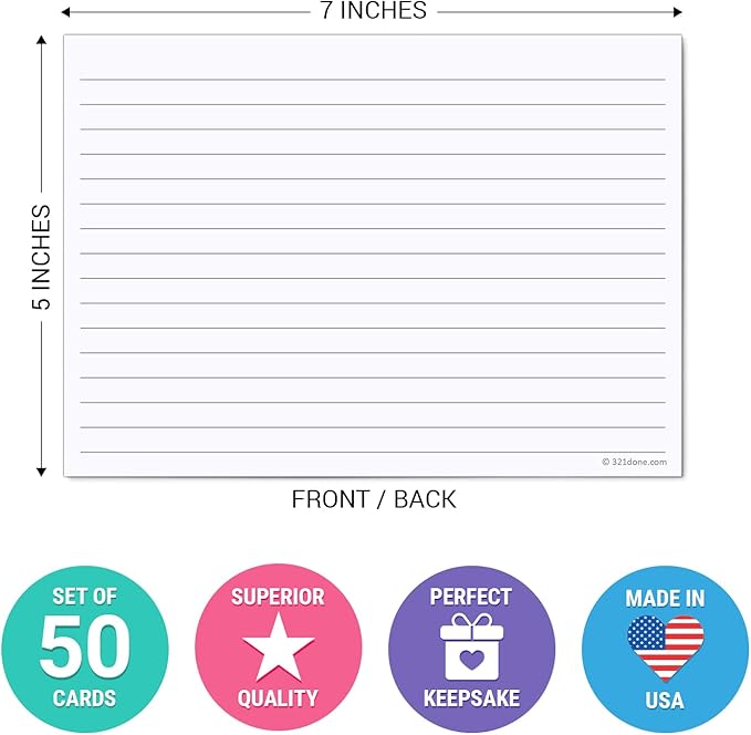 321Done Large Index Cards, Made in USA - Jumbo Size 5x7 Horizontal, College-Ruled Lined Notecards Double-Sided, Thick Heavy Duty Cardstock, Simple Note Cards with Lines, White XL - Set of 50