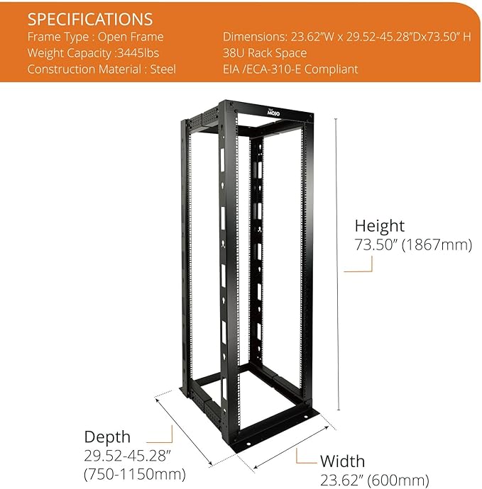 38U Open Frame Server Rack,4-Post Adjustable Depth 23.6 inch-39.3 inch Frame Rack,Professional It Rack for 19 inch Computer/AV/Data/IT Equipment,Square Hole
