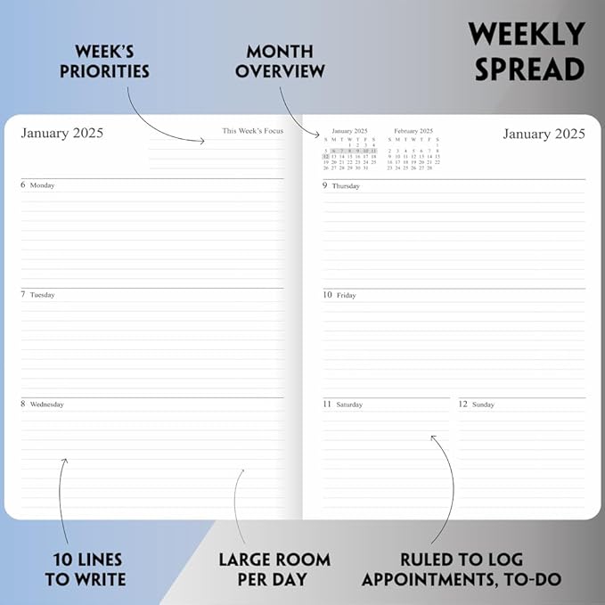 2025 Planner - Weekly and Monthly Planner Jan to Dec 2025, Vegan Leather Cover, Elastic Closure, 7”x9.25”, Rose Gold