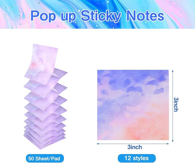 12 Pads Pop up Sticky Notes, 3x3 Cute Gradient Watercolor Self Stick Notes Pads, Multi Color Super Adhesive Memo Pads Refills, Easy to Post Paper Home Office Notebooks Supplies Accessories