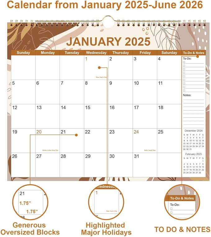 2025 Calendar - Calendar 2025-2026 18 Month Planner from January 2025 to June 2026, Calendar 2025 with Thick Paper, 11" x 14.5", Gold Leaf