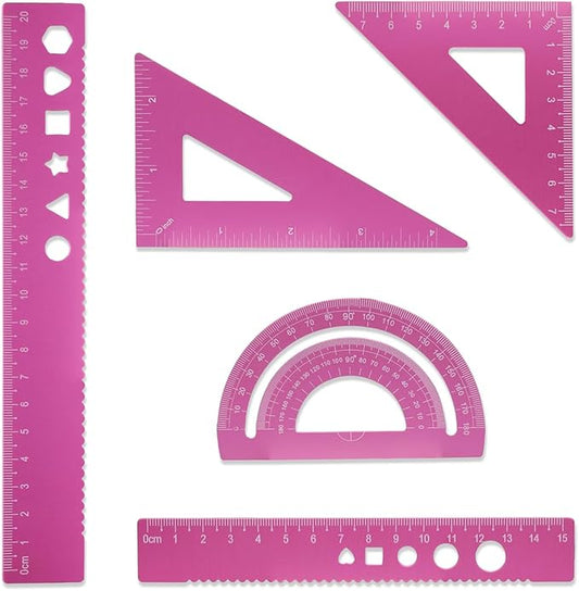 5 Pcs Metal Geometry Set, Math Drafting Ruler Kit- Aluminum Triangle Rulers, Protractor, 8 Inch and 6 Inch Drawing Ruler, Measuring Tool for School and Office Supplies (Light Pink)