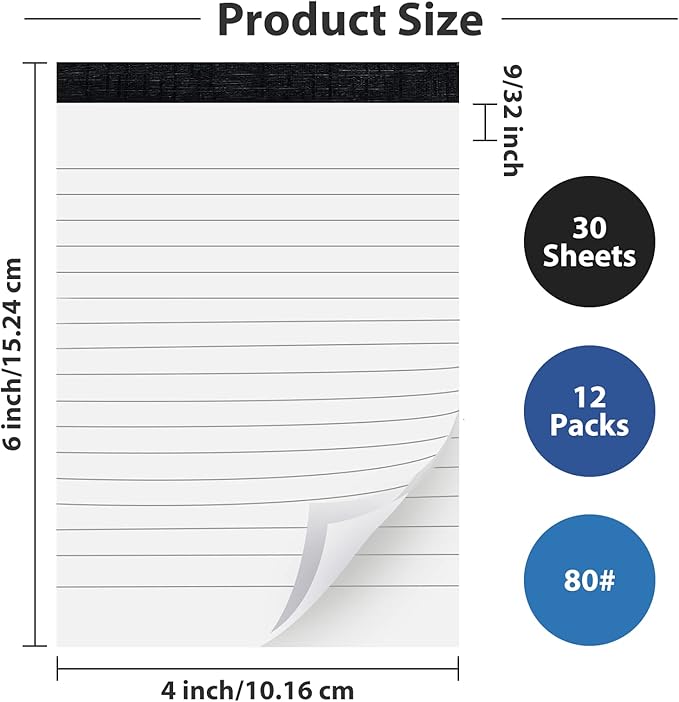 12 Pack Note Pads Refills 4 x 6 Inch Memo Pads Writing Pads, White Small Notepads Scratch Pads Mini Notepad with 30 Sheets Lined Paper in Each Pad