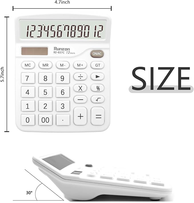 2PC White Calculator, Solar Battery Dual Power Calculator,Desktop Calculator 12 Digit with Large LCD Display, White Office Supplies with Sensitive Button, White Desk Accessories, School Supplies