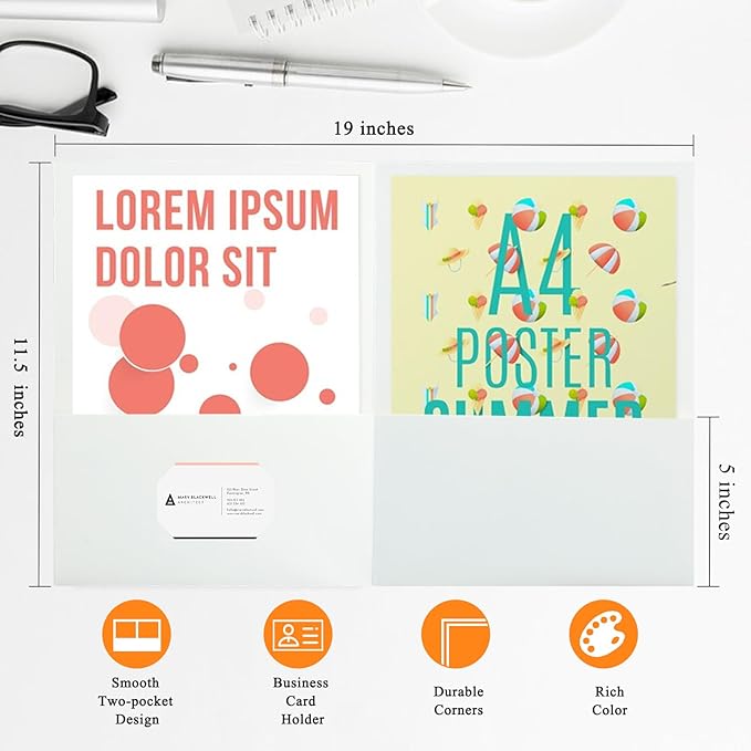 25Pcs White File Folders with Pockets and Business Card Holder,2 Pocket Folders for School,Home or Office,Durable Heavy Duty File Folders