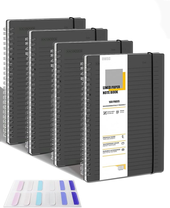 4 Pack Ruled Notebook, 5.9 x 8.3 Inches Spiral Notebooks for Work, School and Journal with 110 GSM Journal Ruled Paper, Large Notebook with 80 Sheets/160 Pages, Hardcover Ruled Journal Black