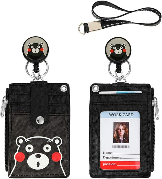 Cute Badge Holder Retractable Lanyard Reel Clip with Heavy Duty Carabiner, 1 Clear ID Window, and 4 Card Slots in 2 Sided for Students Teens Boys Girls Women (01 Black Bear)