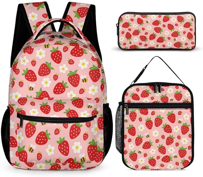 3PCS 17" Strawberry Backpack, Shoulders Backpack with Insulated Lunch Bag Durable Strawberry Laptop Bag Daypack with Multiple Pockets (Strawberry)