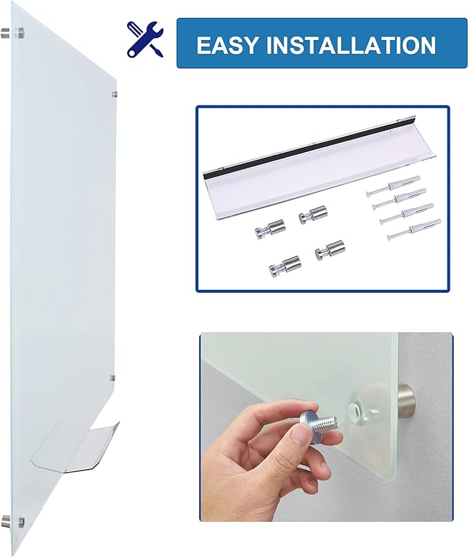 Magnetic White Glass Board 48" x 36", Frameless Tempered Glass Dry Erase Board with Marker Tray for Office, Wall Mounted Frosted Glass Whiteboard