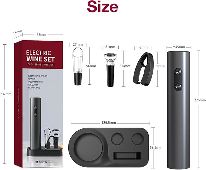 5-in-1 Electric Wine Opener Set with Wine Stopper, Wine Pourer, Foil Cutter, and Storage Base – Easily Remove Corks with the Push of a Button for Decanting and Preservation (Black VBGS)