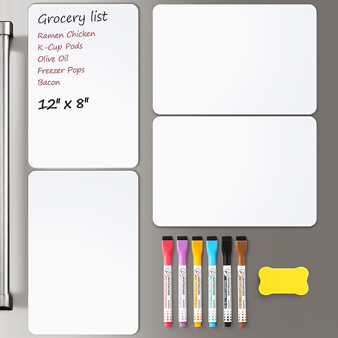 4 PACK Magnetic Dry Erase Board Sheet for Fridge, 12"x8" Erasable Refrigerator WhiteBoard w/ 6 Markers & 1 Eraser- Smooth and Flexible Small Magnet Blank Notepad for Home Kitchen Organizer and Planner
