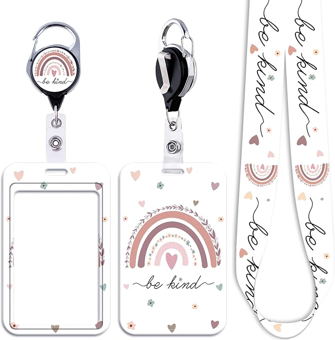 School Teachers Lanyard for ID Badge & Keys Rainbow Badge Holder & Retractable Badge Reel Cute Boho Floral Key Lanyard for Women Girls Nurse Preppy Keychain Lanyard ID Holder(Be Kind)