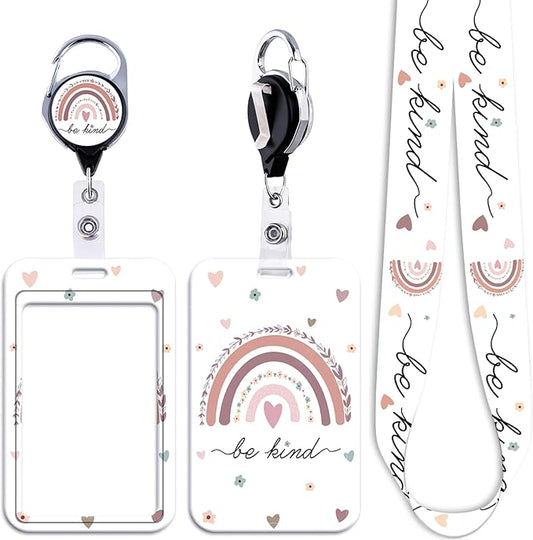 School Teachers Lanyard for ID Badge & Keys Rainbow Badge Holder & Retractable Badge Reel Cute Boho Floral Key Lanyard for Women Girls Nurse Preppy Keychain Lanyard ID Holder(Be Kind)