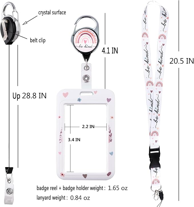 School Teachers Breakaway Lanyard for ID Badge Rainbow Badge Holder & Retractable Badge Reel Cute Boho Floral Key Lanyard for Women Girls Nurse Preppy Keychain Lanyard ID Holder(Be Kind)