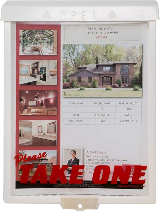 Outdoor Real Estate Brochure Box with Snap Shut Lid, Take One Document Holder Can Hold 100, 8.5 x 11 Documents, Flyers, Literature and Other Outdoor Marketing Needs