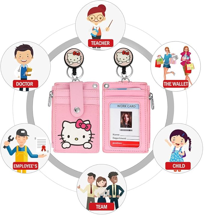 Cute Badge Holder Retractable Lanyard Reel Clip with Heavy Duty Carabiner, 1 Clear ID Window, and 4 Card Slots in 2 Sided for Students Teens Boys Girls Women