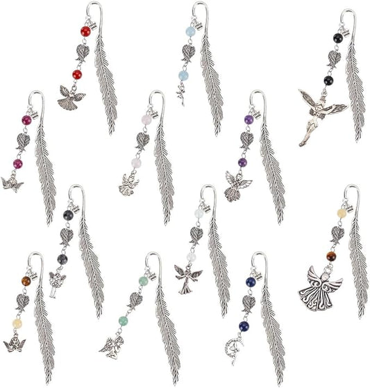 12pcs Feather Metal Bookmarks Crystal Bookmarks Vintage Gemstone Beading Bookmarks Alloy Angel Book Markers for Office School Reading Book Lovers Teacher's Day Christmas Birthday Gifts