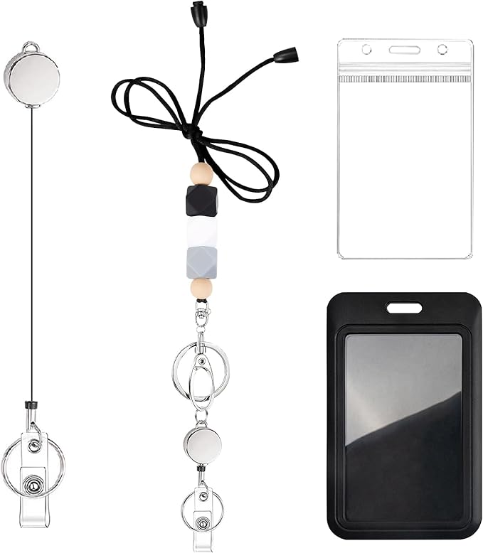 Colorful ID Badge Holder with Silicone Beads Lanyard Set,Cute Teacher Breakaway Lanyard for Keys & Keychain with Cute Retractable Badge Reel Holder,Gift for Women,Nurse, Teacher. (Black White Grey)