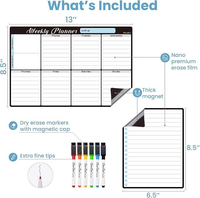 Magnetic Dry Erase Weekly Calendar - 8.5"x13" Weekly Calendar for Fridge - 6.5"x8.5" List Board and 6 Extra Fine Point Markers Included - Shipped Flat