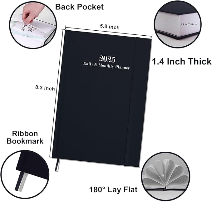 2025 Daily & Monthly Planner - 2025 Daily Planner One Page Per Day from January 2025 to December 2025, Hourly Appointment Book Perfect Organizer Daily Life, Fabric Cover, 5.8'' x 8.3'', Black
