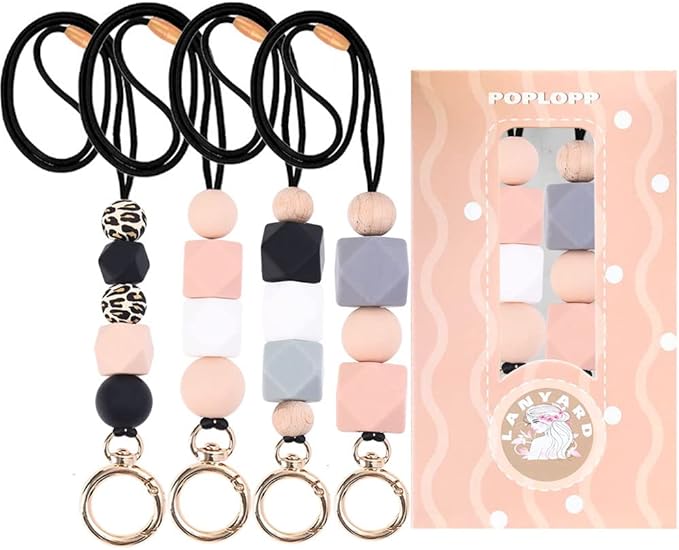 POPLOPP 4PCS Teacher Lanyards for ID Badges and Keys, Cute Silicone Beaded Lanyard for Women Nurse Employees Students