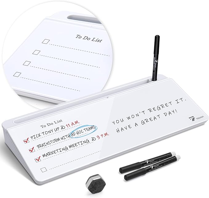 TOWON Desktop Whiteboard with todo List Templates, Daily Agenda Glass White Board for Desk, Desk Reminder Memo Notepad to-do List Dry Erase Board with Storage, Line and Free Section, 16x7 Inches