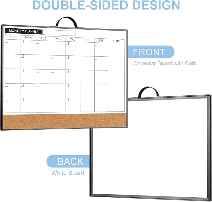 ARCOBIS Monthly Calendar Whiteboard Dry Erase Cork Board Combination for Wall, 12"x16" Magnetic Dry Erase Board, Double-Sided White Board, Portable Board for Planning, Office, School, Home, Black