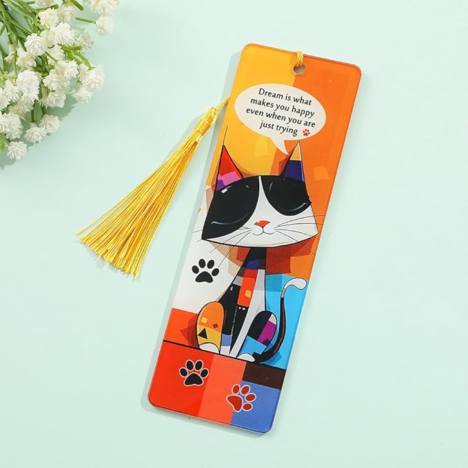 1pc Cute Pet Cat Tassel Bookmark - Acrylic Bookmarks for Book Lovers, Gifts for Teachers Students Reading Markers Ideal Gift for Back to School Season (Yellow Fringe)