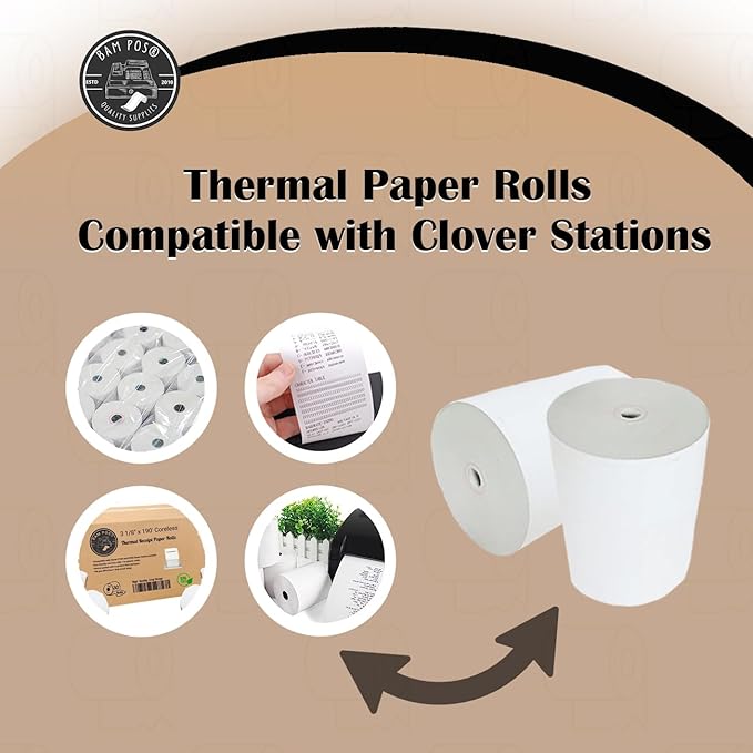 3 1/8 x 190 Thermal Paper Rolls - Large Receipt Roll - Compatible with Clover Stations, P100, P550, SCP700, Square Stations (30 Rolls Per Case)