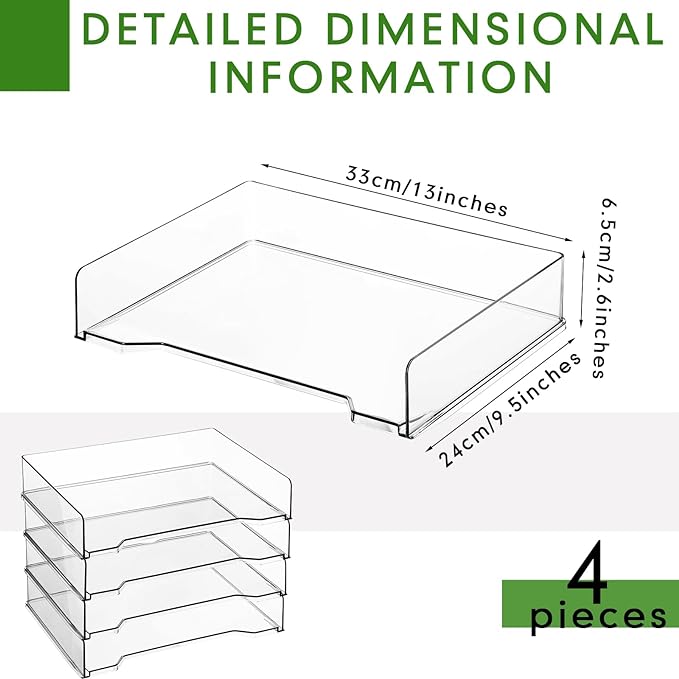 4 Pcs Stackable Letter Tray Rectangular Plastic Desk Organizer 13 x 9.5 x 2.6 in Paper Holder File Tray Accessories Rack for Desktop Office Desk Drawers (Clear)