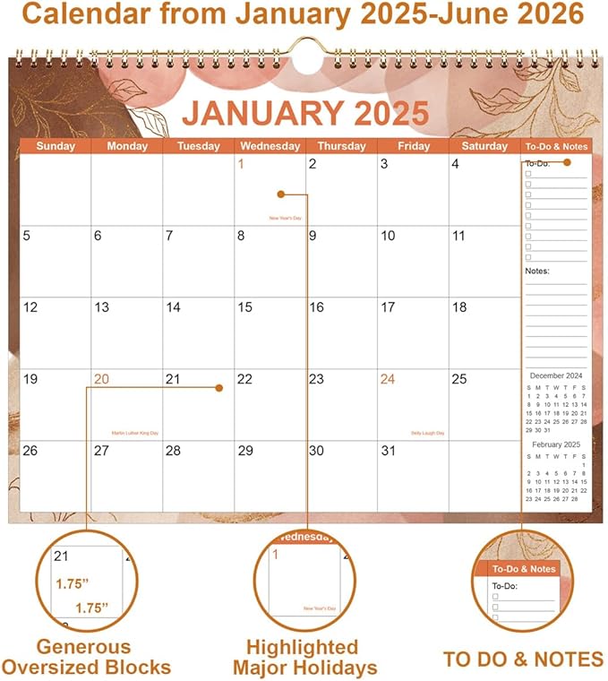 2025-2026 Calendar - Wall Calendar 2025-2026 from January 2025 to June 2026, 18 Months Calendars with Thick Paper, 11" x 14.5", Gold Leaf