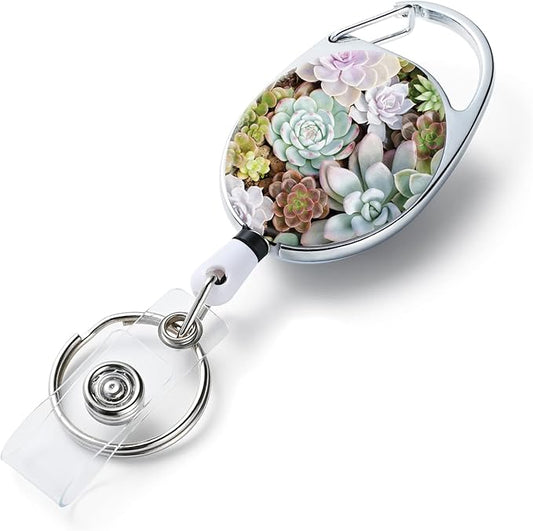 Badge Reels Retractable，Double Sided Color Print Pattern Retractable Badge Holders，with Retractable Keychain, Badge Clip and Key Ring，Durable Nylon Retractable Rope，Succulents
