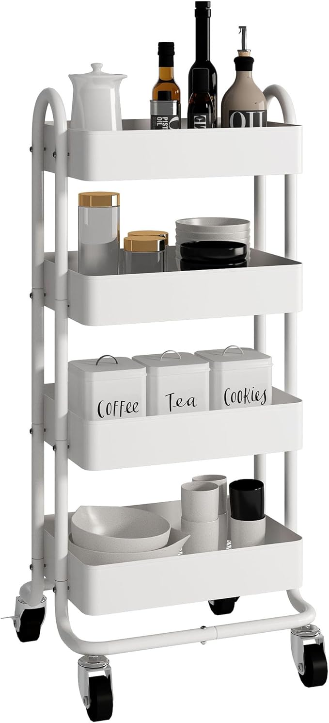 4-Tier White Rolling Cart,Metal Utility Rolling Cart with Handle,Steel Multifunction Rolling Carts with Wheels,Kitchen Storage Carts Suitable for Office,Home,Kitchen,Garden(13.4"x18.1"x40") White