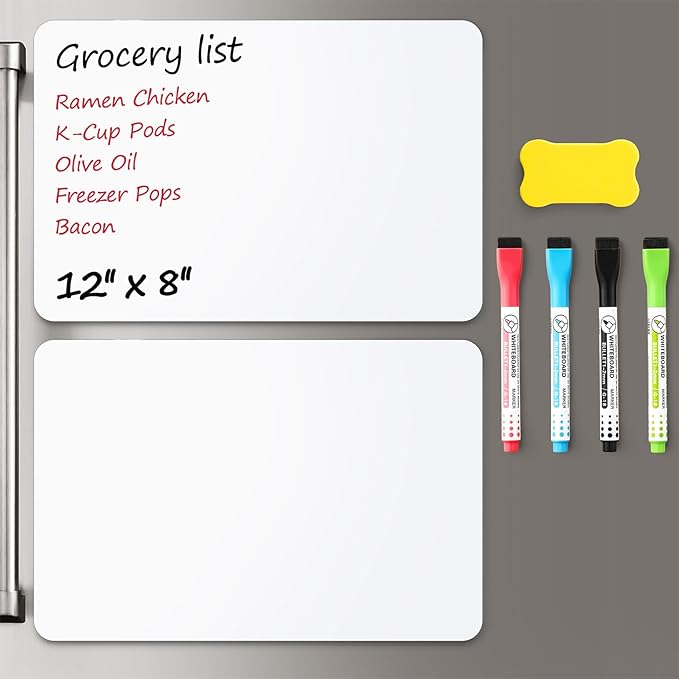 2 Pack Magnetic Dry Erase Board Sheet for Fridge, 12"x8" Erasable Refrigerator WhiteBoard w/ 4 Markers & 1 Eraser- Smooth and Flexible Small Magnet Blank Notepad for Home Kitchen Organizer and Planner
