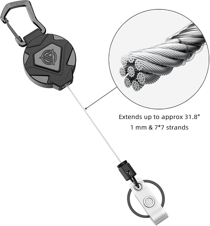 Oaridey Retractable Keychain Heavy Duty, Badge Reels Retractable, Tactical ID Badge Holder with Upgraded Zinc Alloy Carabiner, 31.5'' Coated Steel Cord, Bearing 8.0 oz- 1 Pack