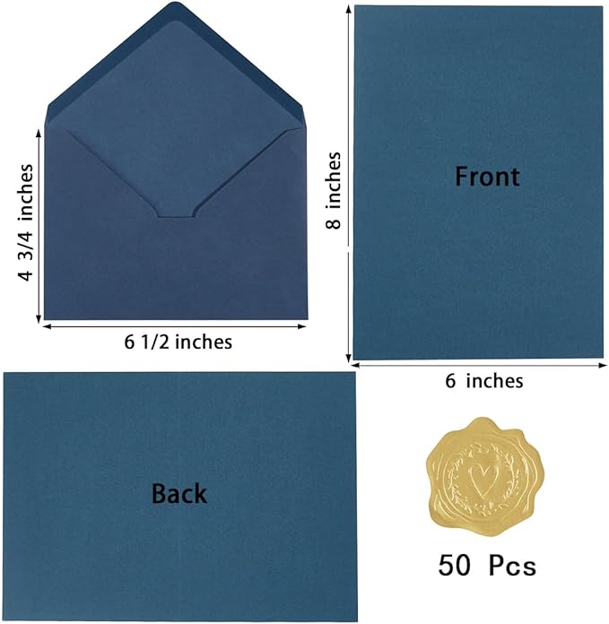 50 Pack Navy Blue A6 Envelopes with Cards 4x6 Thick Folded Cardstock and Gold Stickers for Greeting Cards, Wedding, Birthday, Invitations, Baby Showers (Navy Blue, 4x6)