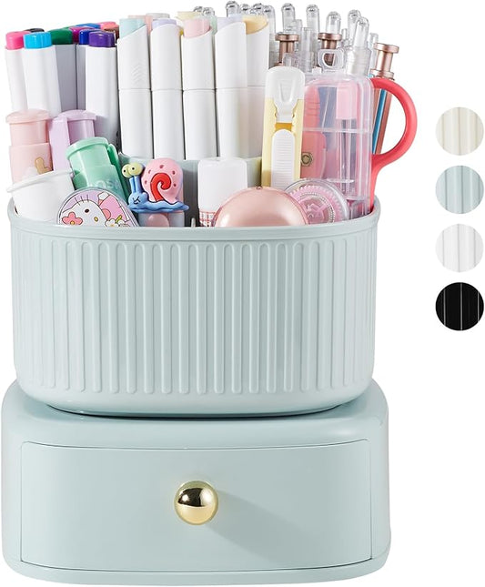 360 Degree Rotation Pencil Holder 5 Slots Pencil Holder with Drawer for Desk Makeup Brush Holder Desktop Organizer Storage Box Light Green